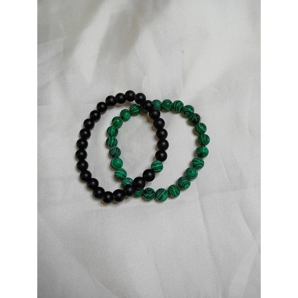 Lot of 2 Beaded Stretch Bracelets - Malachite Green + Matte Black